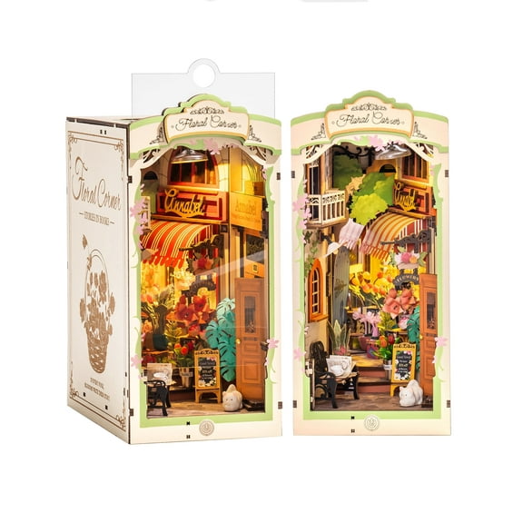 ROBOTIME Floral Corner DIY Book Nook Kit, Wooden Mini Dollhouse Model Building Sets, Tiny Home 3D Puzzle Bookends Craft Kits Bookshelf Decor, Gifts for Teen Adults