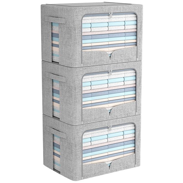 Paquete De 3 Contenedores De Almacenamiento De Ropa, Caja De Almacenamiento Plegable Con Marco De Metal, Organizador Apilable De Tela De Lino Con Asas De Transporte Y Ventana Transparente (Gris Claro