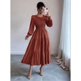 thumbnail image 2 of Fall Wedding Guest Dresses for Women Puff Long Sleeve Smocked Casual Crew Neck Tiered A Line Flowy Long Dress Brown M, 2 of 5