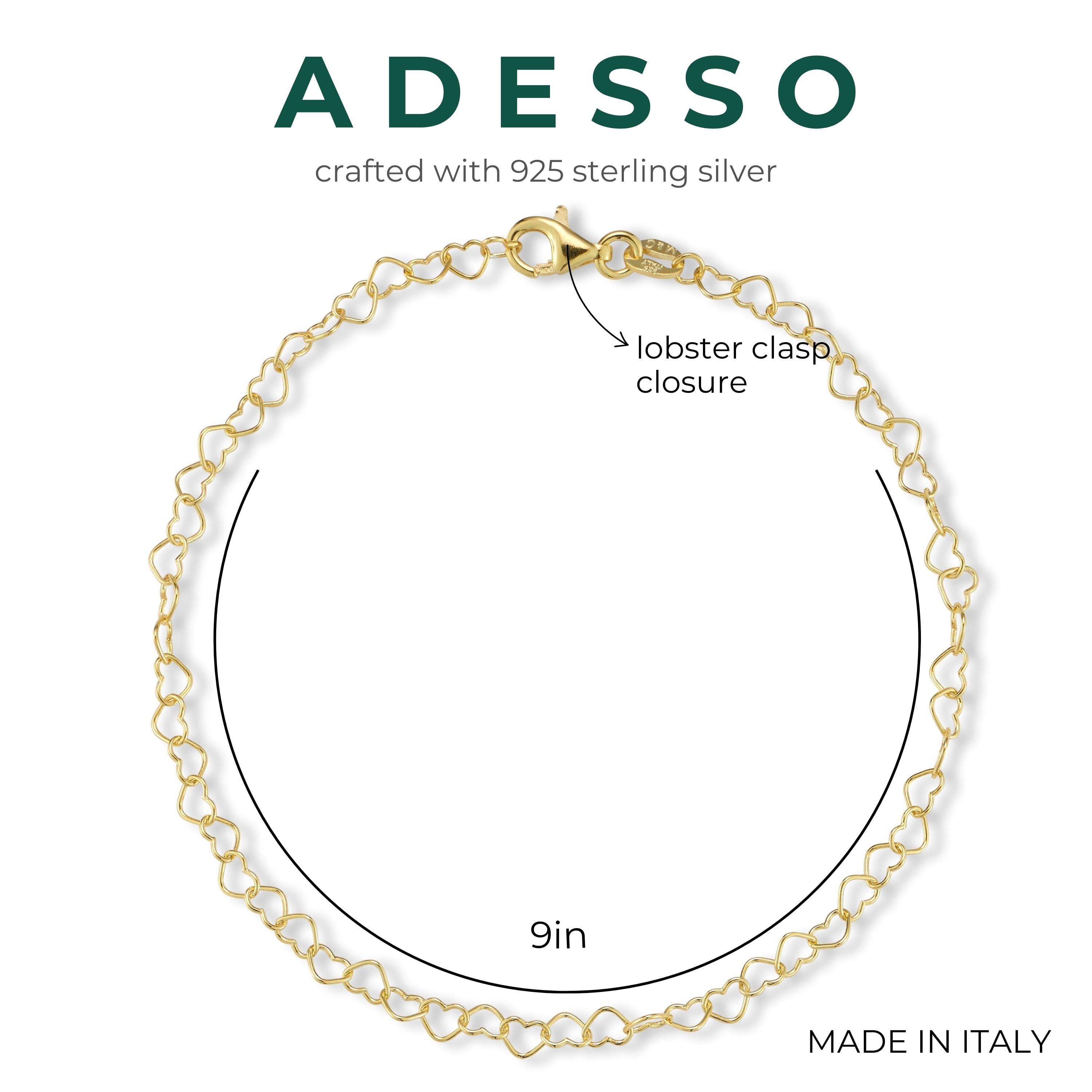 Adesso Milano Jewelry Italian Sterling Silver Heart Link Chain Anklet for Women, Made in Italy, Gold, 9"