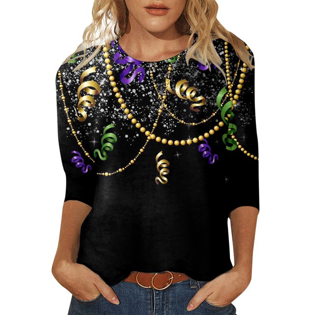 PMUYBHF T-Shirt Imprimé Joyeuses Fêtes Manches 3/4 Col Rond Blouse 3791 m