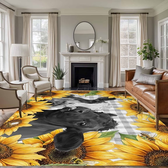 Large Area Rugs for Living Room Bedroom, Sunflower Cows 8'x10' Rug Washable Carpet Runner Indoor Outdoor, Yellow Floral Botanical Summer Grey Plaid Non Slip Floor Mats Rug for Kitchen, Patio