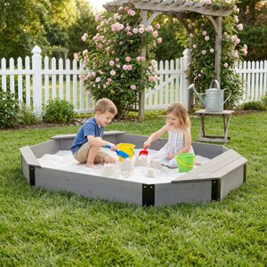 LIANGKA Backyard Patio Octagon Sandbox Kids Play Wooden Sandpit with Storage Cover and Liner