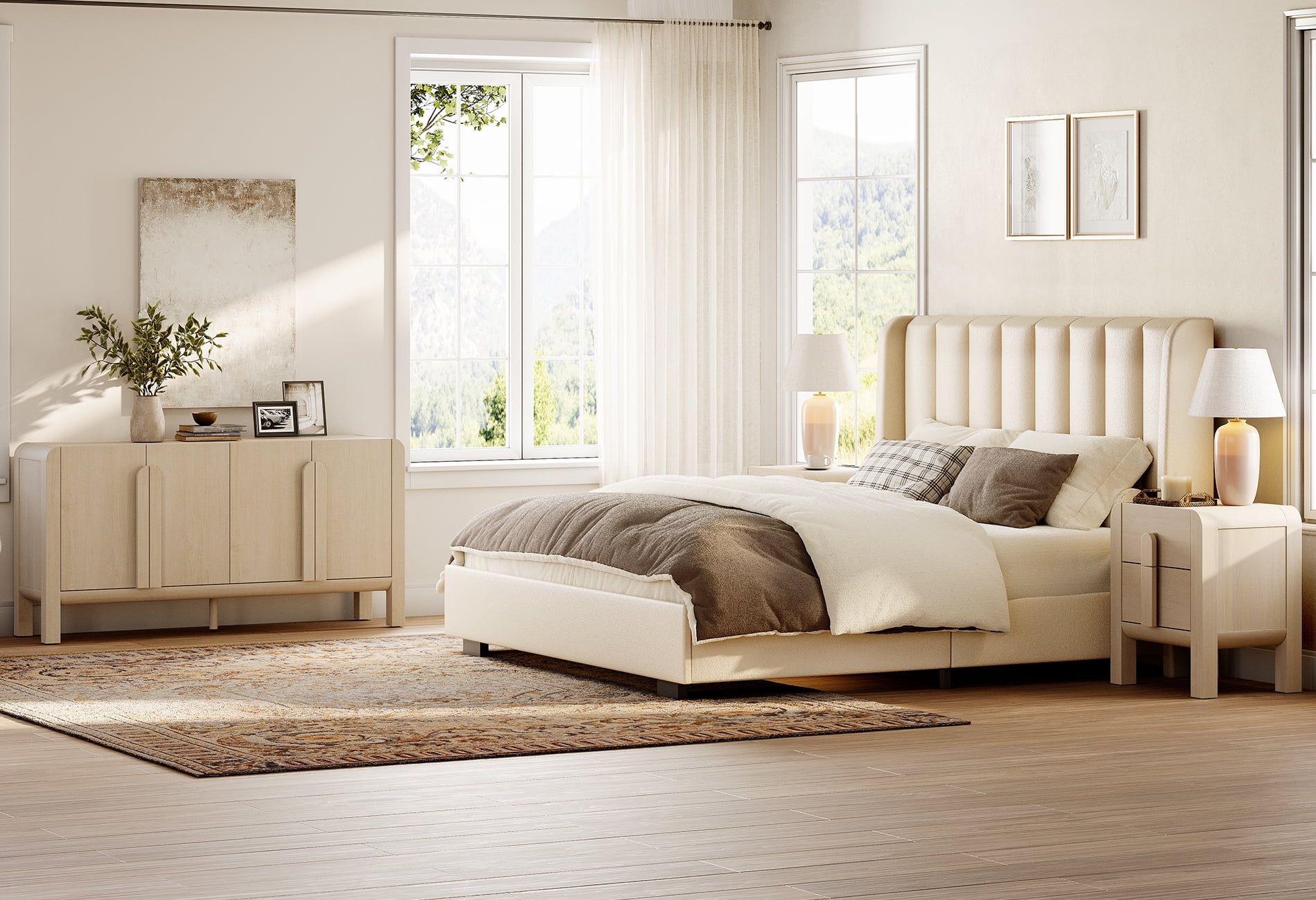 Wampat Mid Century Modern 3-Piece Bedroom Set 3-Drawer Dresser 2 Nightstands Wood Beige