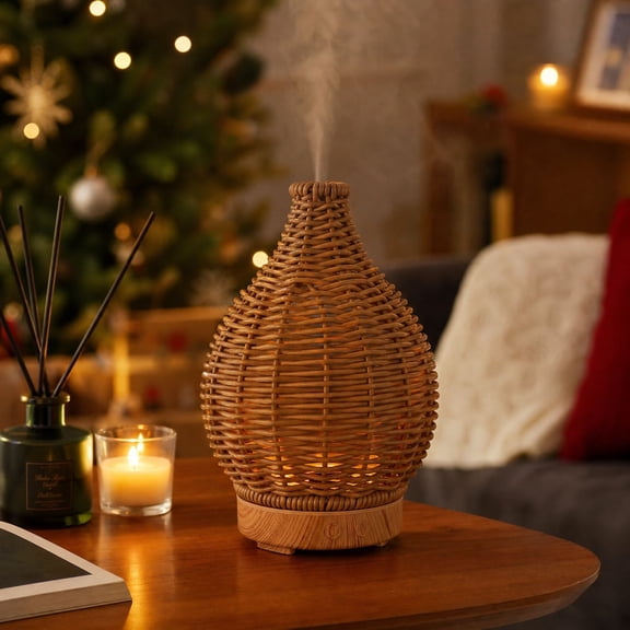 Rattan Humidifier, Aroma Mist Humidifier with USB Rechargeable, Desk Bedroom Humidifier with Warm Glow for Home Use