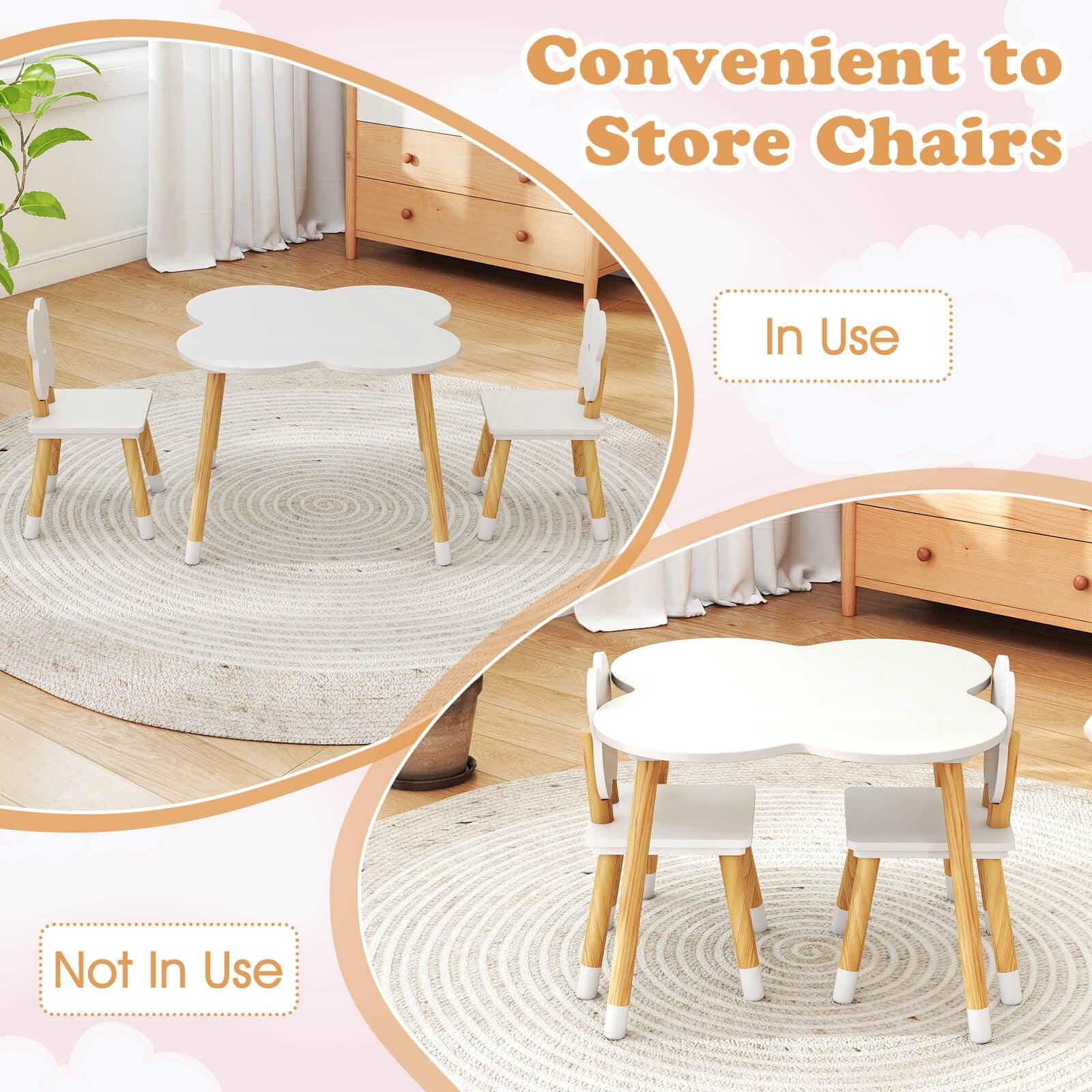 Costway Flower-shaped Kids Table Set with 2 Child-sized Chairs Solid Pine Wood Legs White