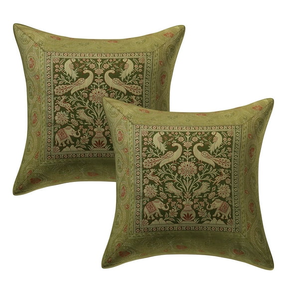 Stylo Culture Indian Settee Sofa Throw Pillow Covers 16 x 16 Jacquard Peacock Parrot Green Square 40cm x 40cm Home Decor Brocade Elephant Zippered Cushion Covers | Set Of 2