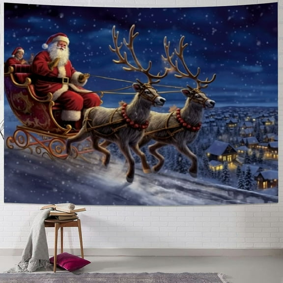 Pratyus Santa Claus Reindeers Full Moon Tapestry Wall Hanging for Bedroom Dorm Decor - Christmas Decoration Living Room - Short Plush Fabric - Various Sizes Available 40x30inch