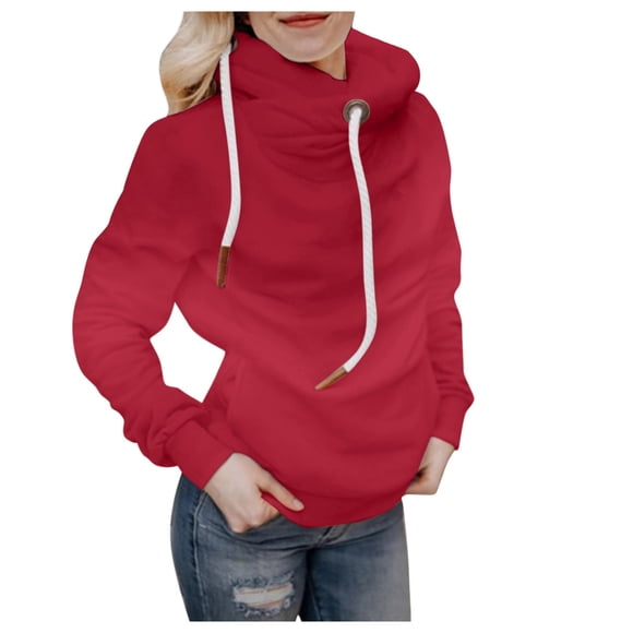 Oversized Hoodie Women Hoodie Women Full Zip Womens Zip Sweater Women's Tunic Warm Hoodies Women's Autumn Solid Color Hoodies Sweatshirt Pockets Pullover Turtleneck Tops Red L