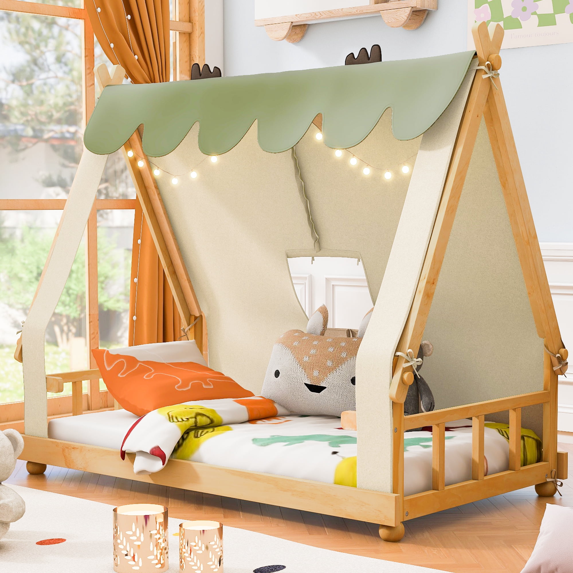 Mintazer Twin Teepee Tent Bed with LED Lights, Kids House Bed with Removable Canopy, Natural