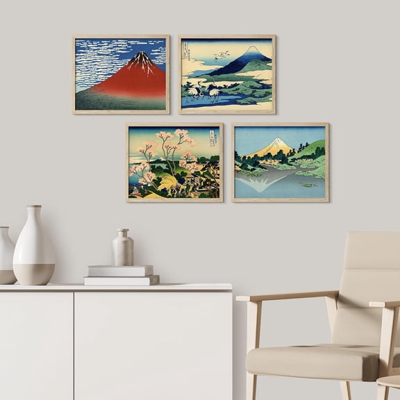 PixonSign Framed Wall Art Pastel Ocean Seascape Posters, Set of 4 Nautical Horizons Nature Wilderness Illustrations Wall Decor, Adhesive Canvas Prints for Home Decor - 8"x10" Natural