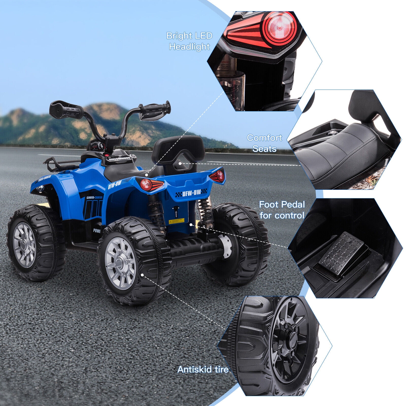 Lohoms 12V 4-Wheeler Kids Ride On Car ATV, Electric 12V Rechargeable Battery Powered Kid's Quad Car Toys, With LED Lights Music USB, 2 Speed, Blue