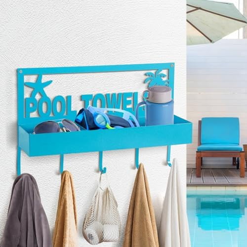 Pool Towel Rack - 2-in-1 Outdoor Poolside Beach Washcloth Drying Rack Holder, Wall Mounted Metal Hooks Decor for Bath Towel Storage, Robe Swimsuit, Coat, Bags, Phone, Keys - Blue Blue Blue