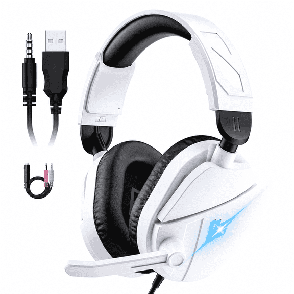 Gaming Headsets with Noise Cancelling Microphone, Xbox One & PS5 PS4 Headphones, High-Quality Stereo Sound, LED Light, Soft Memory Earmuffs for Ultimate Comfort, Wired over-Ear Headset for PC, Laptop