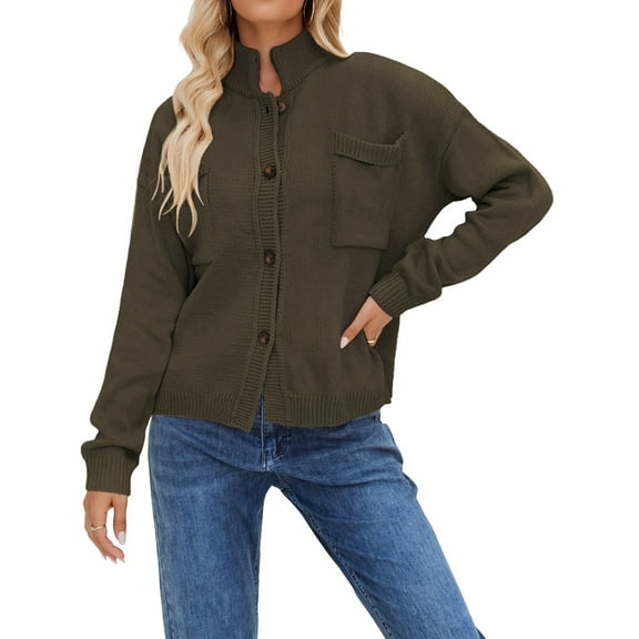 Womens Sweater Cardigan Long Sleeve Fall Button Down Knit Tops with Pockets Casual Loose Coats Jackets Green L