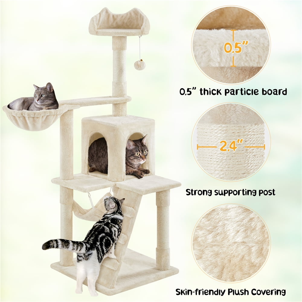 Alden Design 54" Cat Tree with Hammock, Basket and Scratching Post Tower, Beige