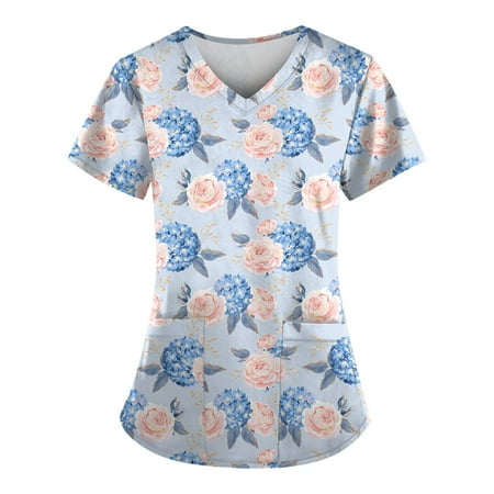 

TKing Fashion Women Plus Size Scrubs Top V-Neck Short Sleeve Animal Print Pockets Work Blouse for Women Light Blue 2XL