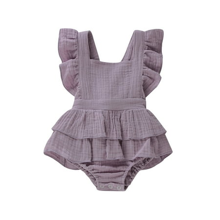 

Caitzr Baby Girls Sleeveless Ruffle Romper Backless Solid Color Jumpsuit