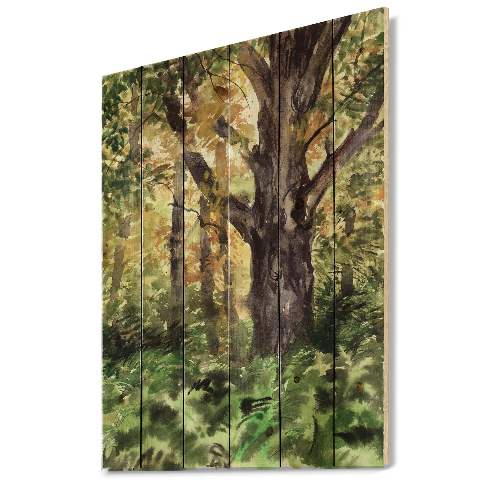 Designart 'Autumn Forest With A Large Tree' Lake House Print on Natural Pine Wood