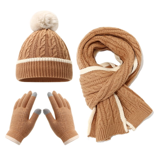 Conjunto de 3 gorros, bufandas y guantes para niños, color sólido, textura retorcida, bola de peluche decorativa, gorro, bufanda larga y guantes, accesorios elásticos de invierno.