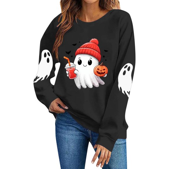 Enjoytime Halloween Crewneck Sweatshirts Women Ghost Pumpkin Print Long Sleeve Pullover Tops Spooky Season Fashion Casual Sweatshirt