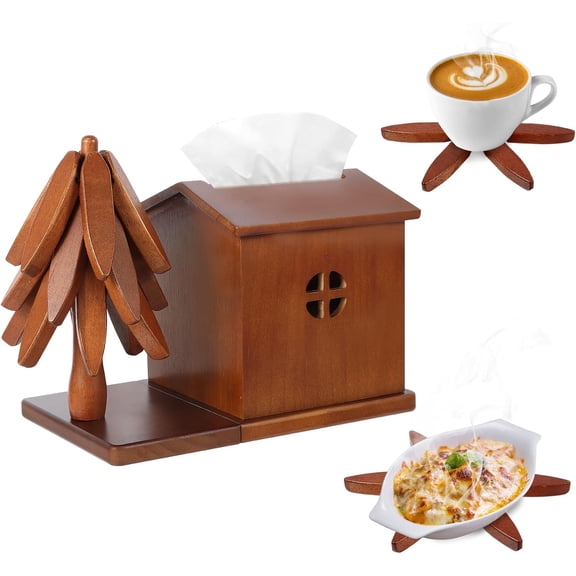 Wooden Tree Trivets for Hot Dishes with Square Tissue Box Set, 3 Trivets Foldable Wooden Coasters for Dishes, Hot Pot, Coffee, Home Decorative Housewarming Gifts (Christmas Tree Shape)