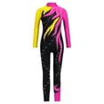 thumbnail image 3 of Haitryli Kids Girls Full Body Unitard Shiny Rhinestones Gymnastics Leotard Dance Bodysuit Long Sleeve Jumpsuit Yellow&Hot Pink 6, 3 of 5