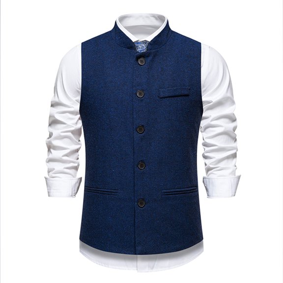 WIZUTIZ Men's Herringbone Vest Solid Color Stand Collar Sleeveless Single Breasted Button Front Pockets Slim Fit Casual Business Waistcoat