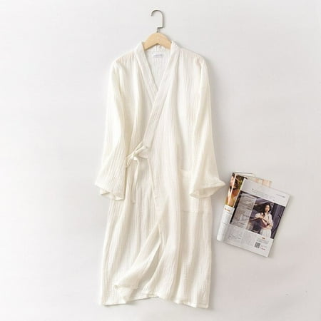 

CoCopeaunt Couples Crepe Gauze Bathrobe Solid 100% Cotton Robe Long-sleeved V-neck Kimono Wedding Robes Sleepwear Plus Size Dressing Gown
