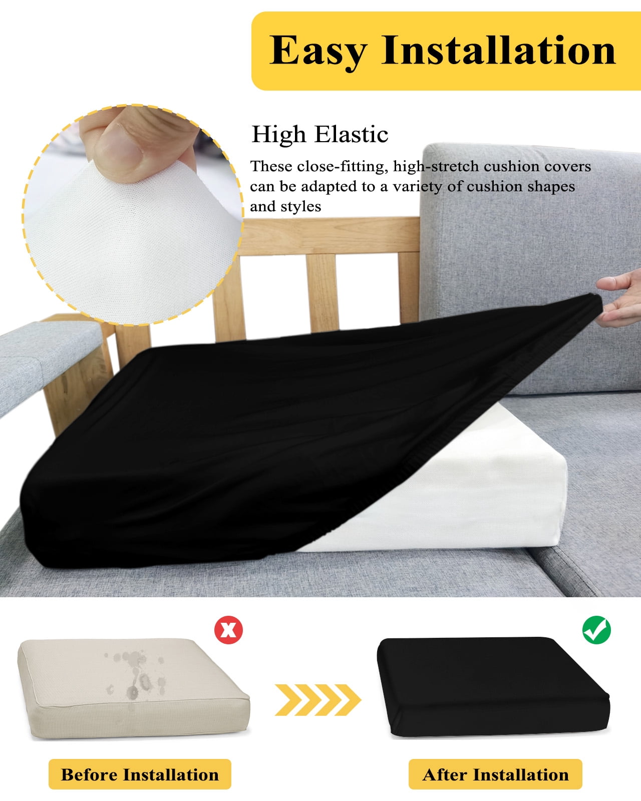 Black Couch Cushion Covers Stretch, Washable Sofa Seat Covers Individual Seat Cushion Sofa Slipcovers Pure Black Couch Cover Furniture Protector S-1PCS