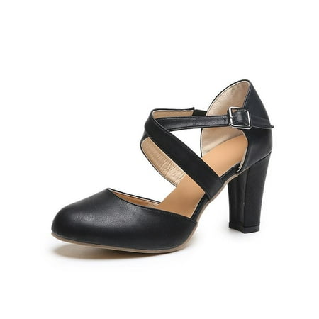 

Wazshop Women Sandals Buckle Pumps Heeled High Heels Fashion Cross Strap Dress Shoes Womens Block Heel Lightweight Black 7.5
