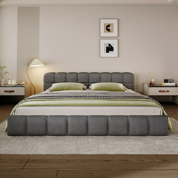Christopher Knight Home 87.4" Elegant Chenille Upholstered Bed Frame, Checkerboard Design, Queen Size, Gray