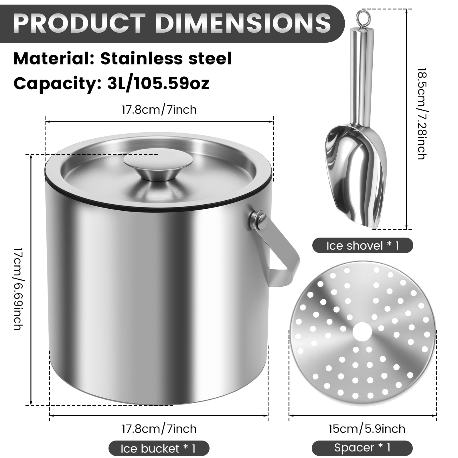 Stainless Steel Ice Bucket - 3 Quart (3L) Double-Wall Insulated Ice Buckets for Parties with Lid Scoop Strainer & Handle Beverage Large Champagne Wine Drink Container Holder Ideal