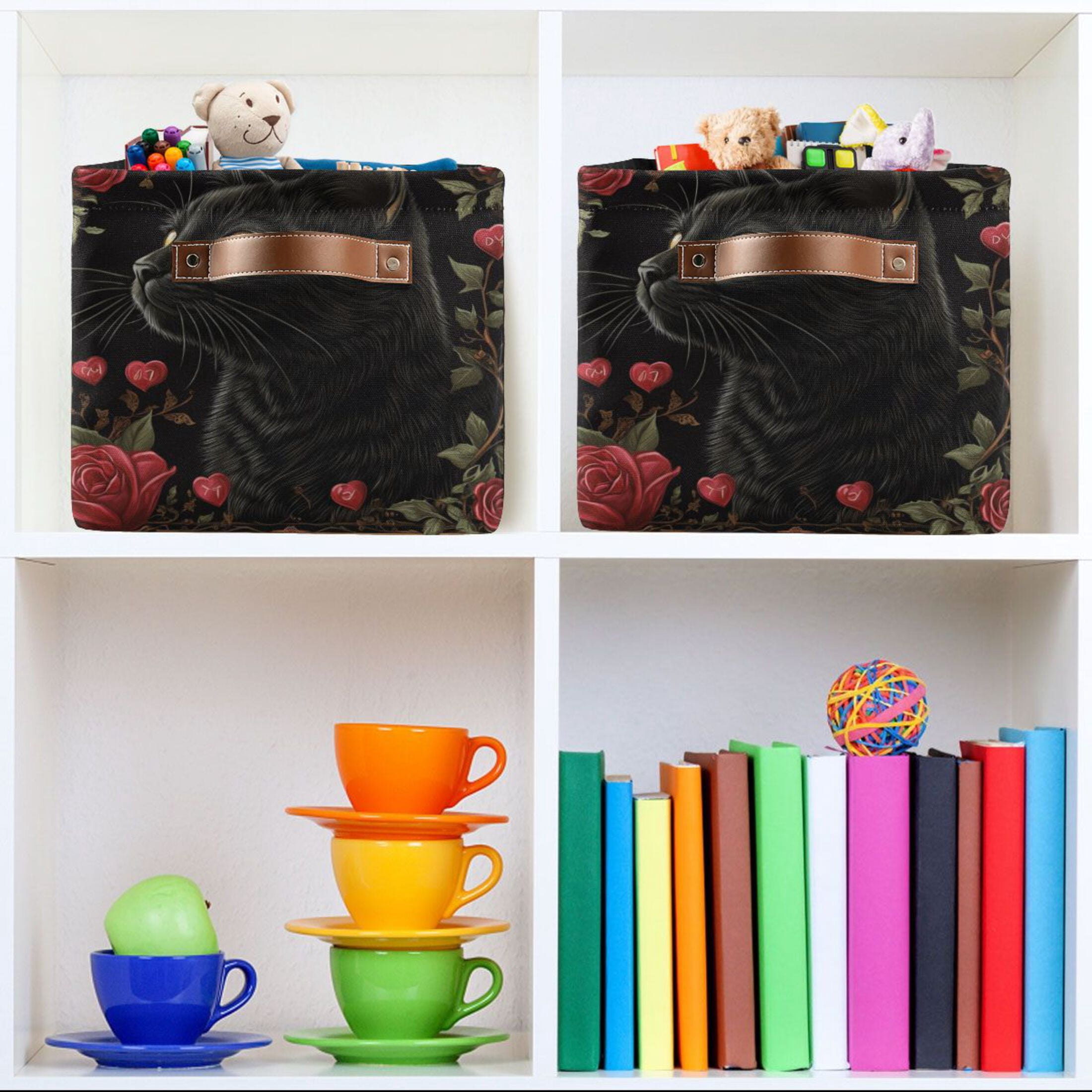 WOBOGO Red Rose Black Cat Pattern Square Storage Basket with Waterproof Canvas and PE Lining Durable PU Leather Handles 14.2×10.2×8.3in