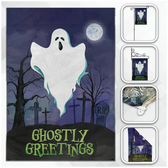 PURELY- Halloween Garden Flag 12X18In Seasonal Garden Flag Ghostly Greetings Novelty