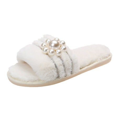 

Women s Pearl Decoration Open-Toe Solid Color Warm Flat Cotton Slippers