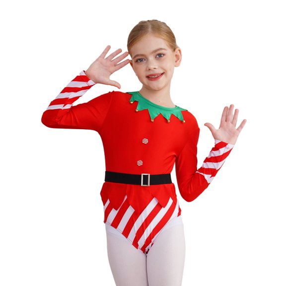 Aislor Gymnastics Leotards with Belt for Girls Christmas Striped Ballet Dancewear Athletic Bodysuit Red 6