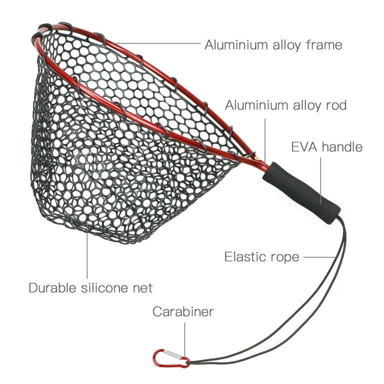 Fishing Net Soft Silicone Fish Landing Net Aluminium Alloy Pole Eva Handle with Elastic Strap and Carabiner Fishing Nets Tools Accessories for