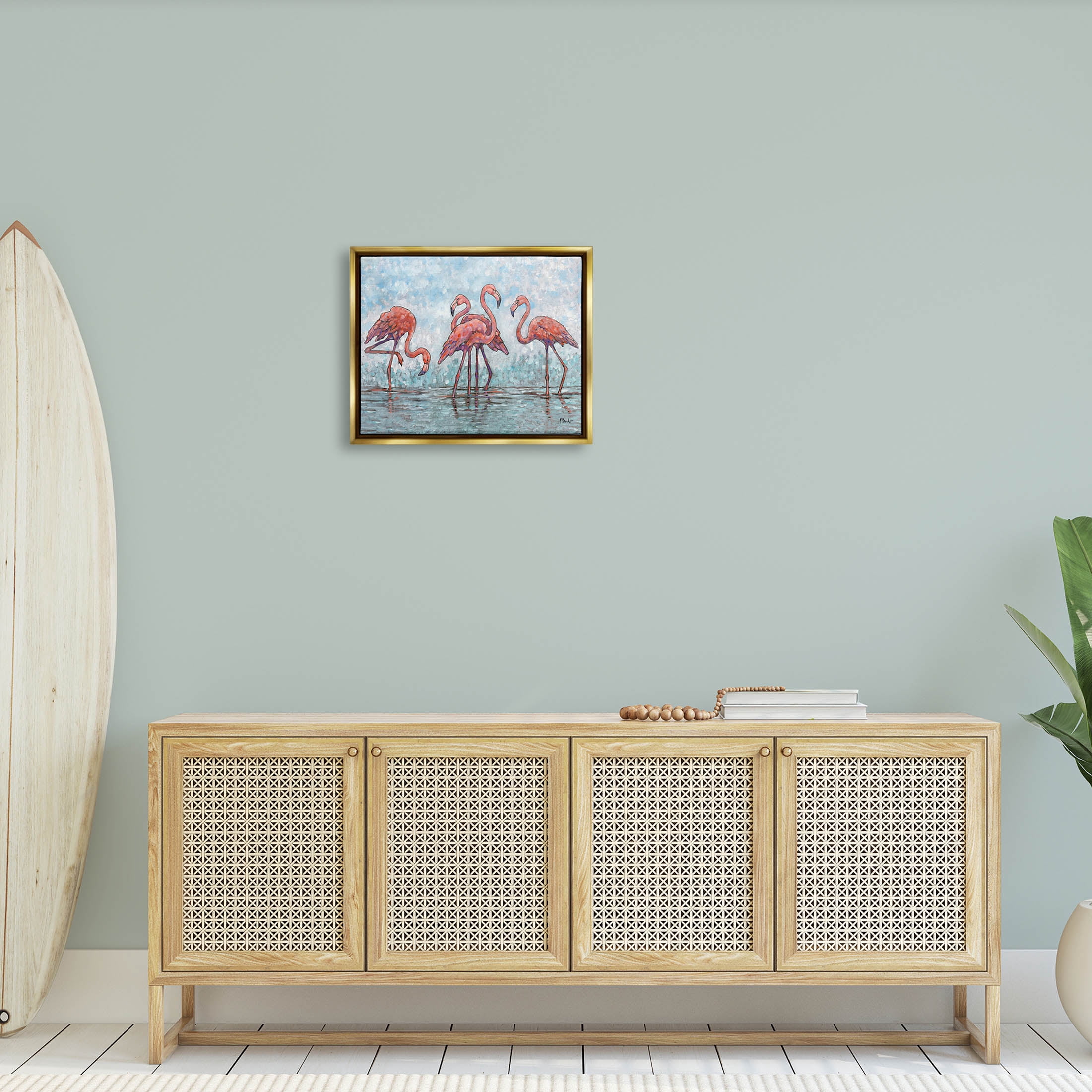 Stupell Industries Flamingos in Lagoon Impressionist Style Painting Metallic Gold Floating Framed Canvas Print Wall Art, Design by Paul Brent