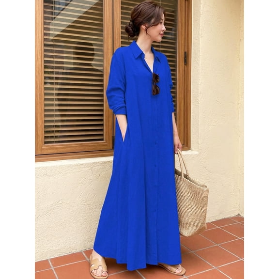 Womens Royal Blue Solid Long Sleeve Shirt Dress Casual Relaxed Maxi Style
