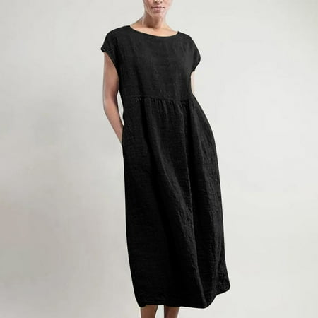 

cllios Summer Dresses for Women 2023 Solid Linen Dress Short Sleeve A Line Dress Crew Neck Maxi Dress for Beach Vacation