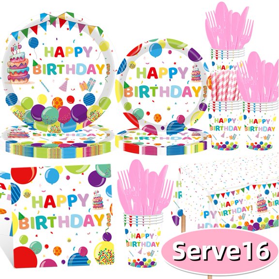 Happy Birthday Paper Plate Birthday Party Supplies Disposable Colorful Dots Dinner Tableware Set with Plates Napkins Cups Fork Banner Tablecloth Party Favors Serves 16
