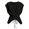 thumbnail image 6 of CIENVNSTG Womens Round Neck Cap Sleeve Tank Tops Cross Wrap Twist Front Ruched Slim Fit Stretchy Cropped Casual Summer Daily Wear Shirts Black L, 6 of 7