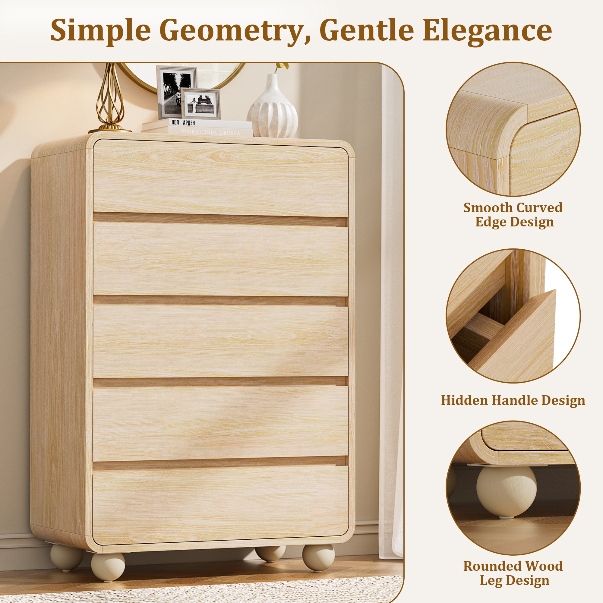 Laintene Tall Dresser 5 Drawer, Modern Wood Dresser for Bedroom, 41" Fluted Chest of Drawers with Curved Profile Design, Natural