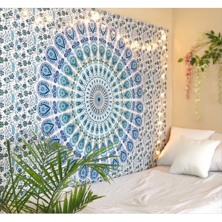 Iv Woven Wall Tapestry - Blue Mandala Tapestry Wall Hanging Hippie Boho Tapestries Beach Throw Blanket Outdoor Picnic Twin Size Bedspread by Oussum