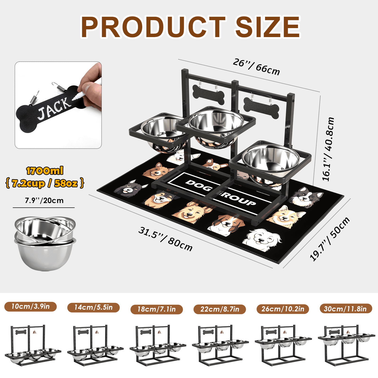 Adjustable Height 3-Bowl Raised Dog Feeder Stand, Ergonomic Anti-Slip Pet Dining Station