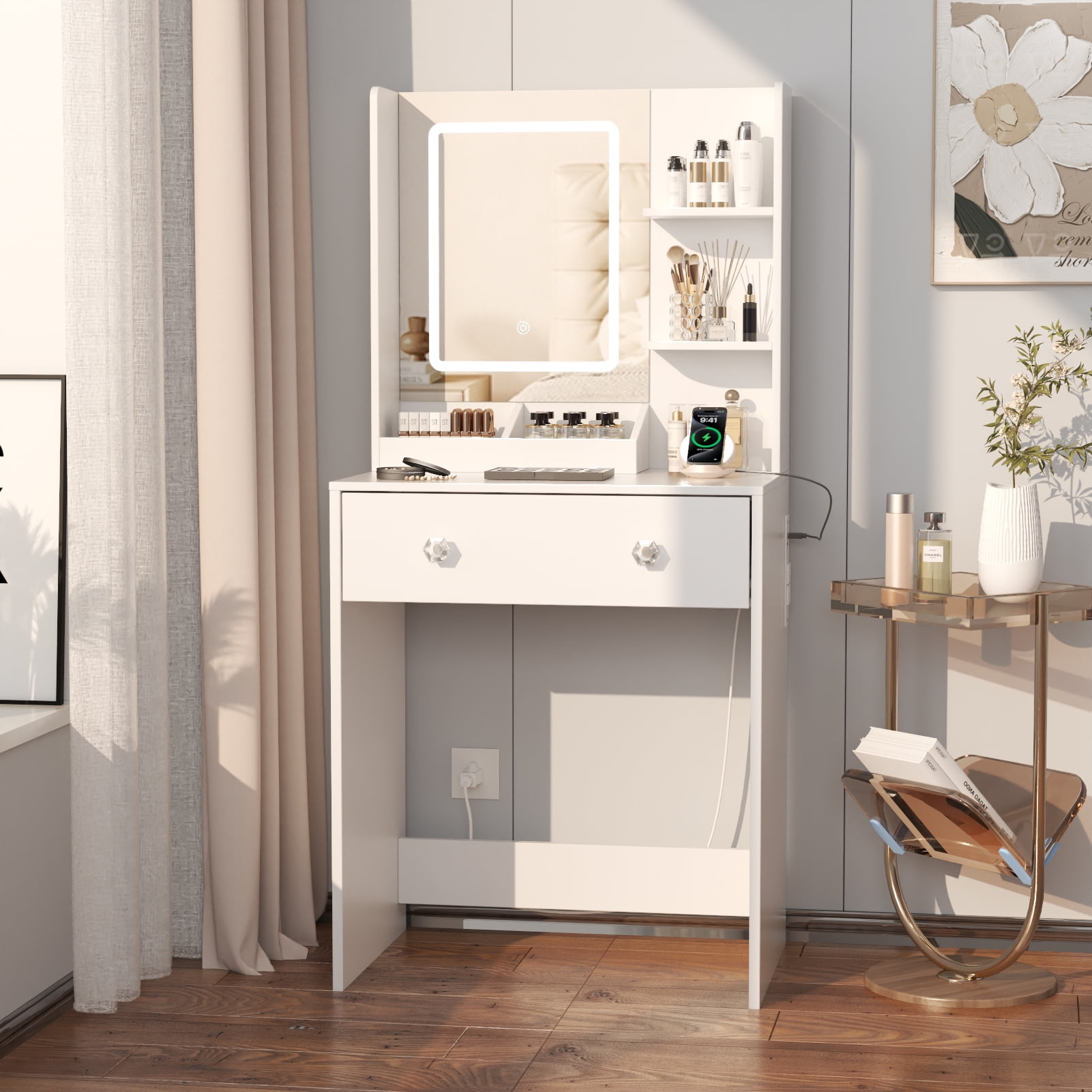 Satifur Vanity Desk with Mirror & Lights, GRWM Vanity with Drawers & Storage Shelves, Makeup Dressing Table with Charging, White