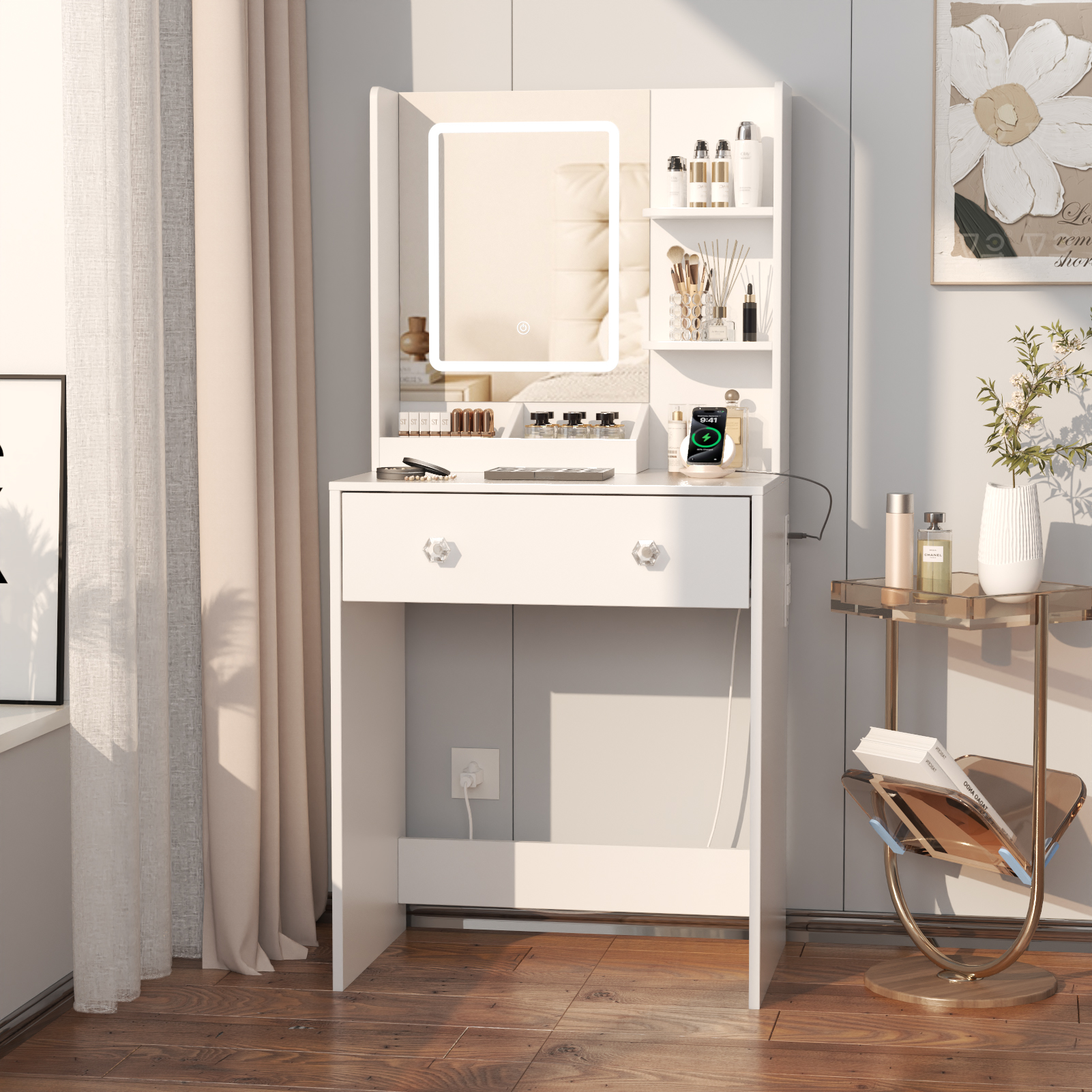 Satifur Vanity Desk with Mirror and Lights, White photo 2