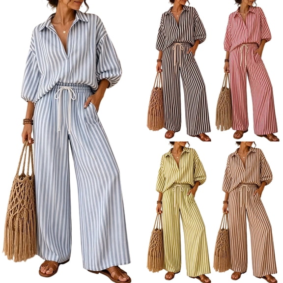Women's Two Piece Lounge Outfits, Half Sleeve Shirts, Elastic Waist Long Pants, Cozy Two Piece Set