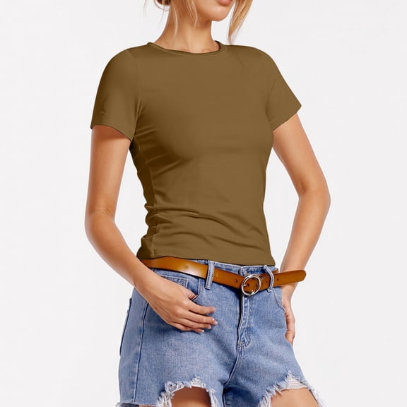 Womens Tshirt Slim Fit Basic Short Sleeve T Shirt Summer Tops for Women Brown L